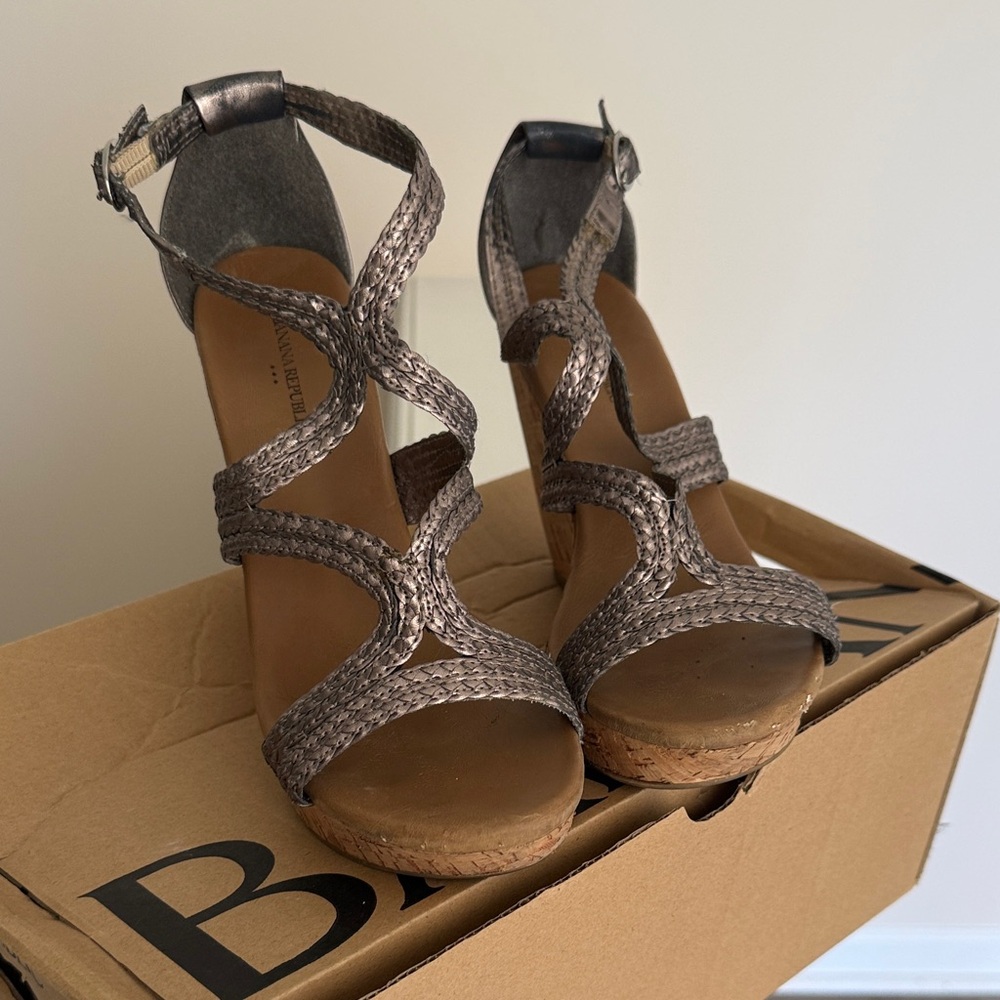 Women's Braided Metallic Gray Wedge Sandals